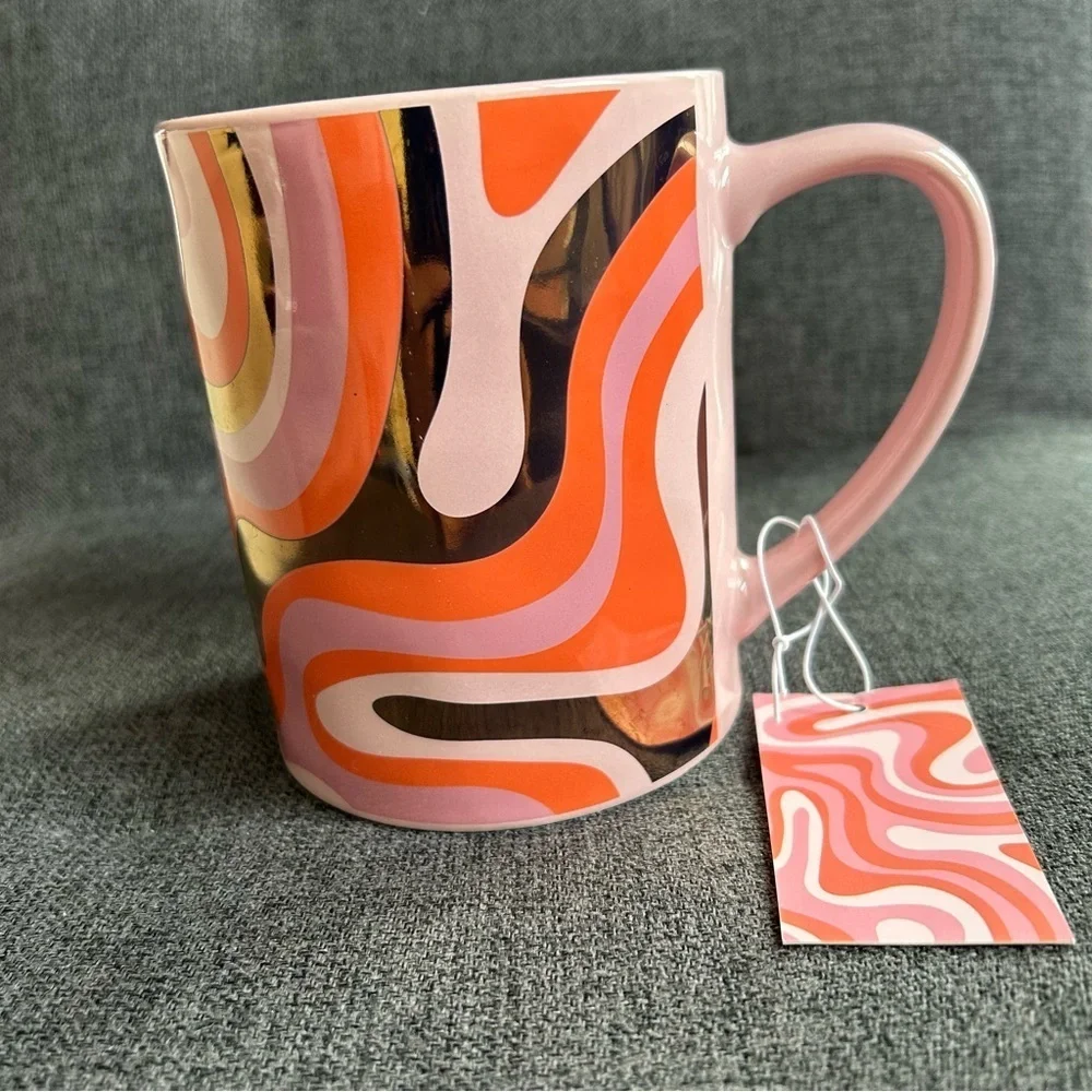 Groovy, Psychedelic Wave Design Coffee Mug, Pink, Orange, Gold Metallic, 20 oz